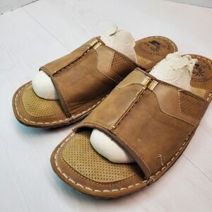 Margaritaville Mens Slides Sandals Size 9 Tan Leather Palm Tree Logo